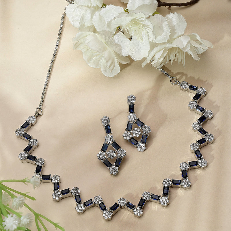 Rhodium-Plated Navy Blue American Diamond Studded Necklace With Earrings Jewellery Set