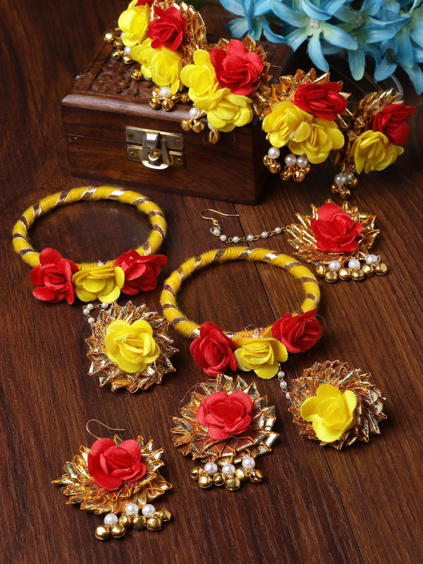 Gold-Plated Yellow-Red Gota Patti Floral White Pearls Beaded Haldi & Mehendi Jewellery Set with Maang Tika & Haathphool Ring