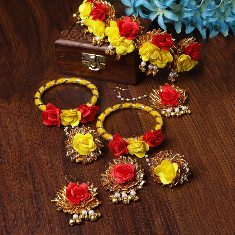 Gold-Plated Yellow-Red Gota Patti Floral White Pearls Beaded Haldi & Mehendi Jewellery Set with Maang Tika & Haathphool Ring