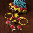 Gold-Plated Red-Yellow Gota Patti Floral White Pearls Beaded Haldi & Mehendi Jewellery Set with Maang Tikka & Haathphool Ring