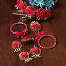 Gold-Plated Red Gota Patti Floral White Pearls Beaded Haldi & Mehendi Jewellery Set with Maang Tikka & Haathphool Ring