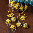 Gold-Plated Yellow-Green Floral White Pearls Beaded Haldi & Mehendi Jewellery Set with Maang Tikka & Haathphool Ring