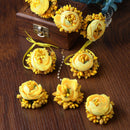 Gold-Plated Yellow Floral White Pearls Beaded Haldi & Mehendi Jewellery Set with Maang Tikka & Haathphool