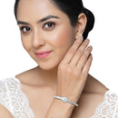 Rhodium-Plated Silver Toned Petal Shaped Sea Green American Diamond Studded Bracelet