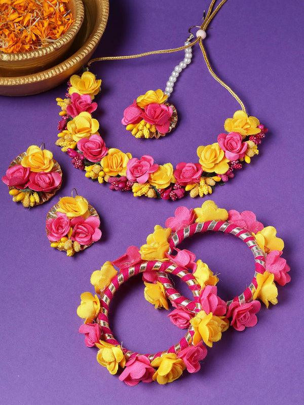 Gold-Plated Pink-Yellow Gota Patti Floral White Pearls Beaded Haldi & Mehendi Jewellery Set with Maang Tikka & Haathphool
