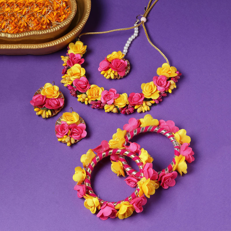 Gold-Plated Pink-Yellow Gota Patti Floral White Pearls Beaded Haldi & Mehendi Jewellery Set with Maang Tikka & Haathphool
