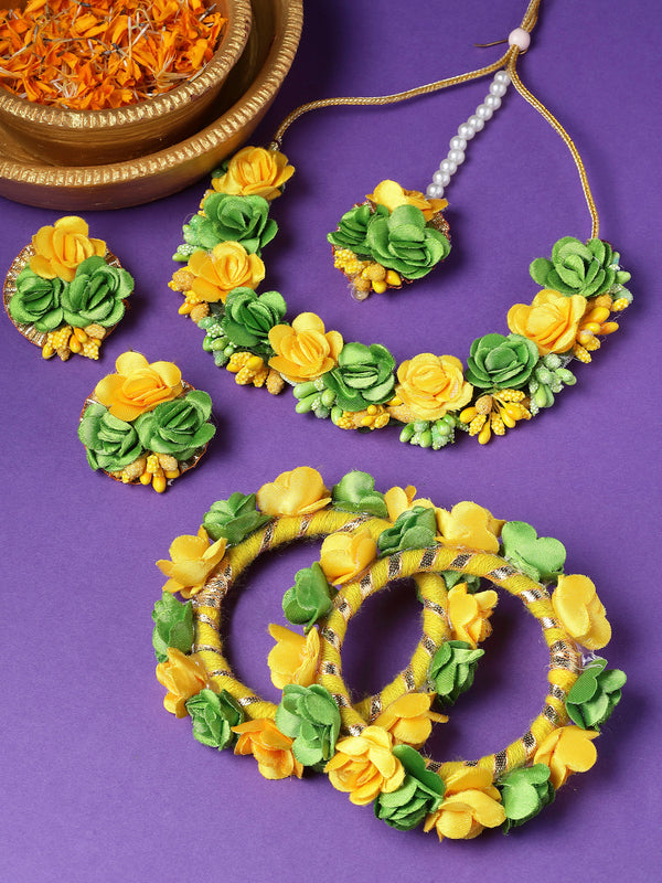 Gold-Plated Green-Yellow Gota Patti Floral White Pearls Beaded Haldi & Mehendi Jewellery Set with Maang Tikka & Haathphool
