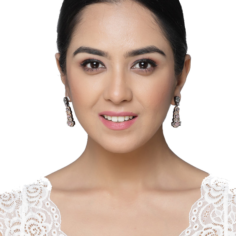 Rose Gold-Plated Gunmetal Toned Pink American Diamond studded Quirky Shaped Drop Earrings