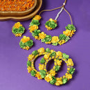 Gold-Plated Green-Yellow Gota Patti Floral White Pearls Beaded Haldi & Mehendi Jewellery Set with Maang Tikka & Haathphool