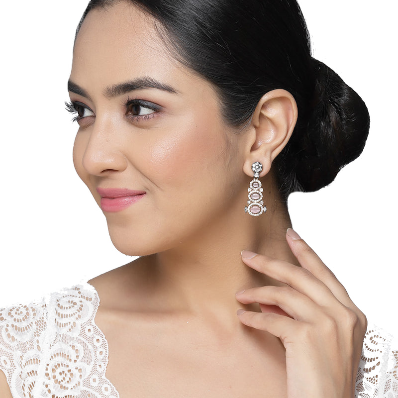 Rose Gold-Plated Gunmetal Toned Pink American Diamond studded Quirky Shaped Drop Earrings