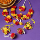 Gold-Plated Red-Yellow Gota Patti Floral White Pearls Beaded Haldi & Mehendi Jewellery Set with Maang Tikka & Haathphool Ring