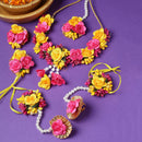 Gold-Plated Red-Pink Gota Patti Floral White Pearls Beaded Haldi & Mehendi Jewellery Set with Maang Tikka & Haathphool Ring
