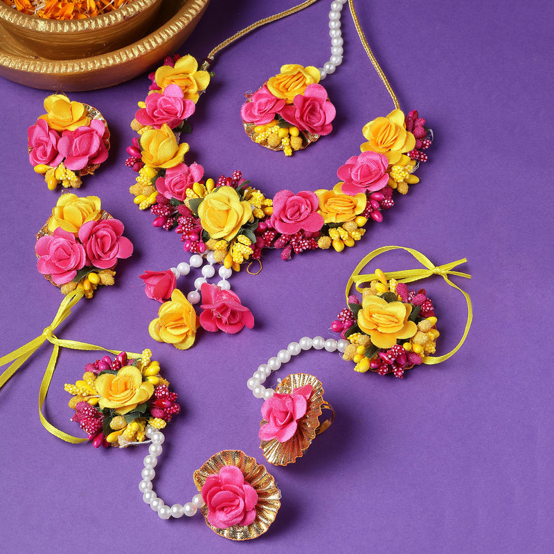 Gold-Plated Red-Pink Gota Patti Floral White Pearls Beaded Haldi & Mehendi Jewellery Set with Maang Tikka & Haathphool Ring