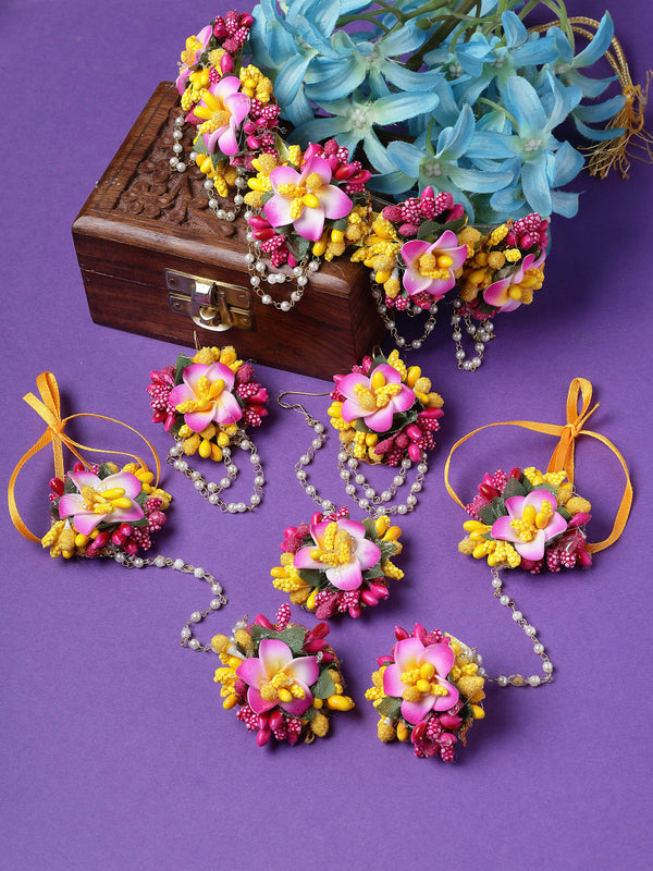 Gold-Plated Pink-Yellow Floral White Pearls Beaded Haldi & Mehendi Jewellery Set with Maang Tikka & Haathphool Ring
