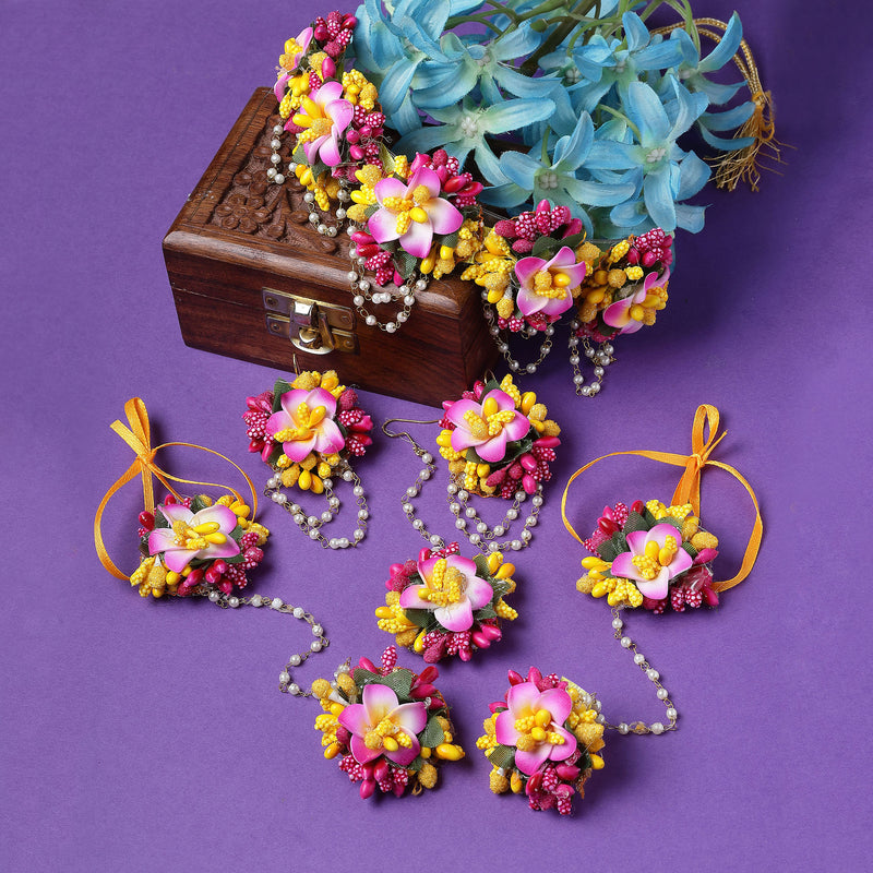 Gold-Plated Pink-Yellow Floral White Pearls Beaded Haldi & Mehendi Jewellery Set with Maang Tikka & Haathphool Ring