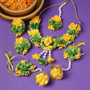Gold-Plated Green-Yellow Gota Patti Floral White Pearls Beaded Haldi & Mehendi Jewellery Set with Maang Tikka & Haathphool Ring