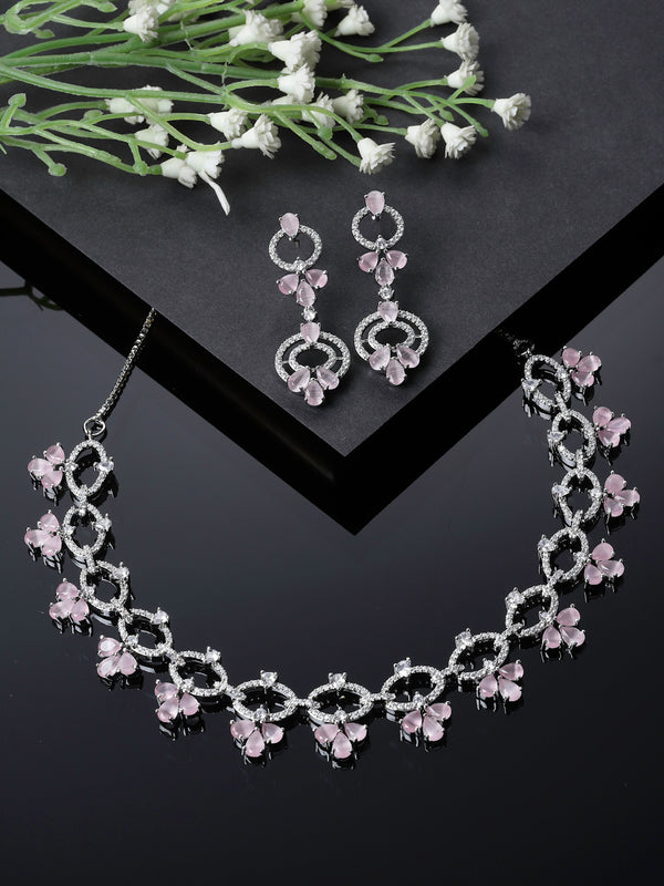 Rhodium-Plated Pink Oval American Diamond Studded Circular Shaped Necklace & Earrings Jewellery Set