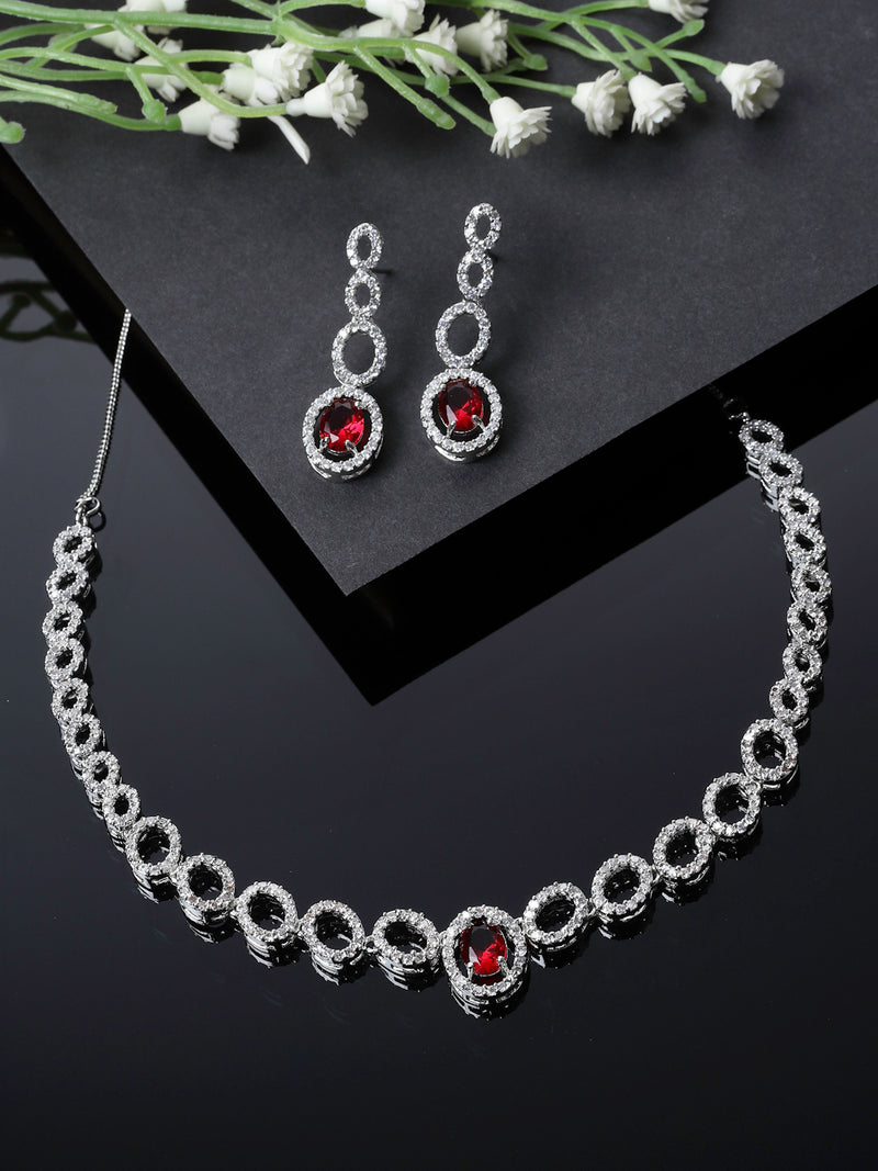 Rhodium-Plated Red American Diamonds Studded Ovate Shaped Necklace & Earrings Jewellery Set