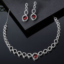 Rhodium-Plated Red American Diamonds Studded Ovate Shaped Necklace & Earrings Jewellery Set