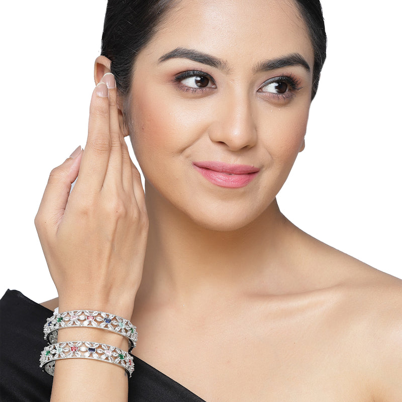 Rhodium-Plated Multi-Colour American Diamond Studded Handcrafted Bangles Set of 2