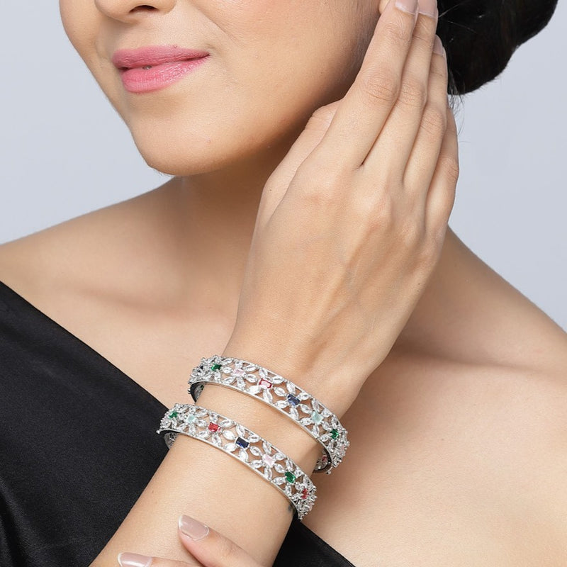 Rhodium-Plated Multi-Colour American Diamond Studded Handcrafted Bangles Set of 2