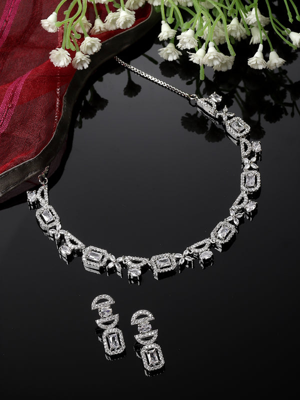 Rhodium-Plated White American Diamonds Studded Boxy Necklace & Earrings Jewellery Set