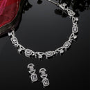Rhodium-Plated White American Diamonds Studded Boxy Necklace & Earrings Jewellery Set