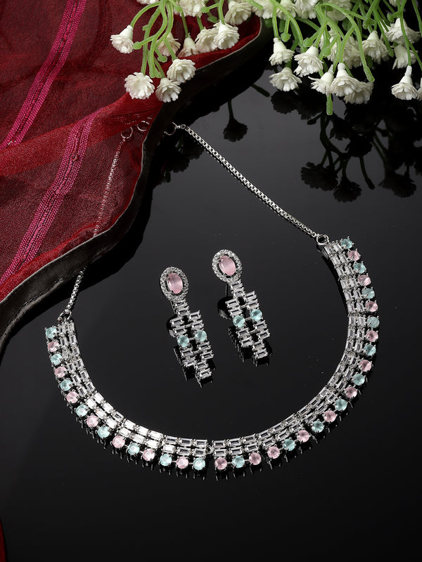 Rhodium-Plated Pink & Sea Green Round Shape American Diamonds Studded Necklace & Earrings Jewellery Set