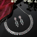 Rhodium-Plated Pink & Sea Green Round Shape American Diamonds Studded Necklace & Earrings Jewellery Set