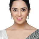 Rhodium-Plated Sea Green American Diamond studded Quirky Shaped Drop Earrings