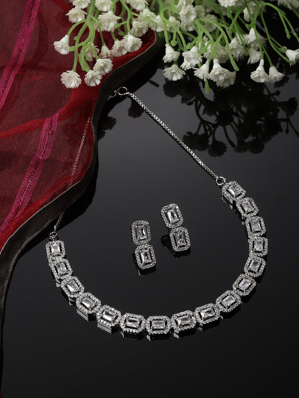 Rhodium-Plated White American Diamonds Studded Quadrate Shaped Necklace & Earrings Jewellery Set