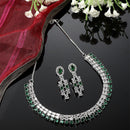 Rhodium-Plated Green Round Shape American Diamonds Studded Necklace & Earrings Jewellery Set