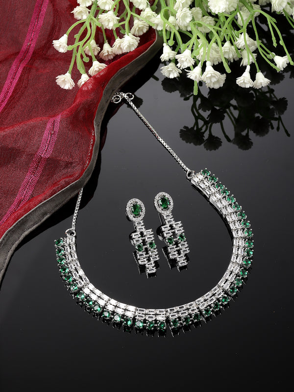 Rhodium-Plated Green Round Shape American Diamonds Studded Necklace & Earrings Jewellery Set