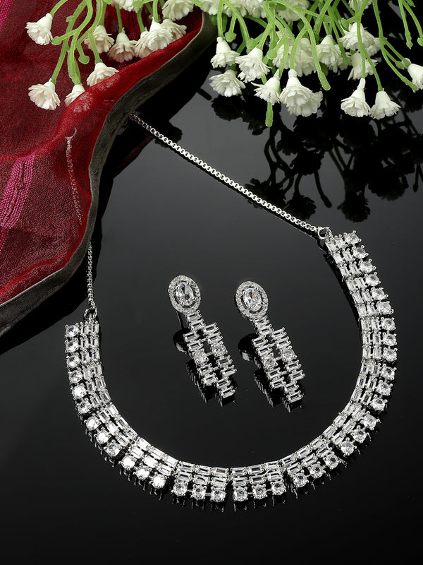 Rhodium-Plated White Round Shape American Diamonds Studded Necklace & Earrings Jewellery Set