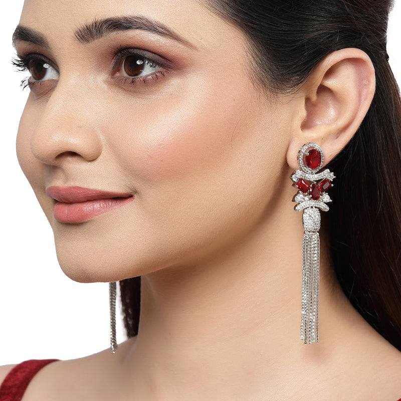 Rhodium-Plated With Silver-Toned American Diamond Studded Drop Earrings