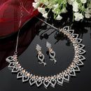 Rhodium-Plated Orange American Diamond Studded Floral & Leaf Shaped Necklace with Earrings Jewellery Set