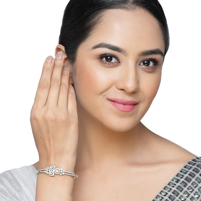 Rhodium-Plated Silver Toned Leaf Shaped Sea Green American Diamond Studded Bracelet