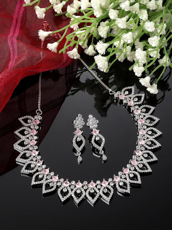 Rhodium-Plated Pink American Diamond Studded Floral & Leaf Shaped Necklace with Earrings Jewellery Set