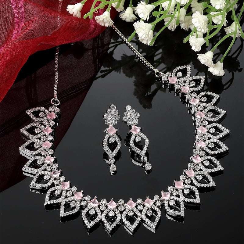 Rhodium-Plated Pink American Diamond Studded Floral & Leaf Shaped Necklace with Earrings Jewellery Set