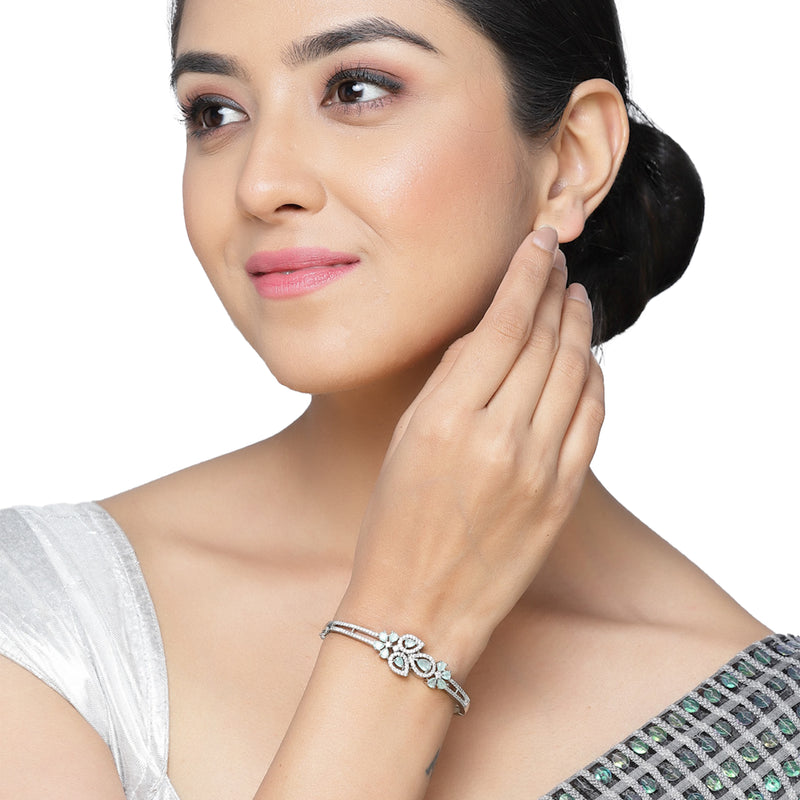 Rhodium-Plated Silver Toned Leaf Shaped Sea Green American Diamond Studded Bracelet