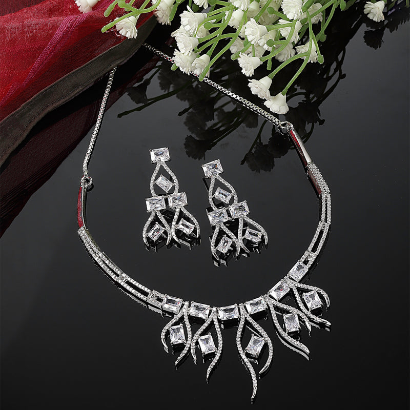 Rhodium-Plated White American Diamond Studded Contemporary Necklace with Earrings Jewellery Set