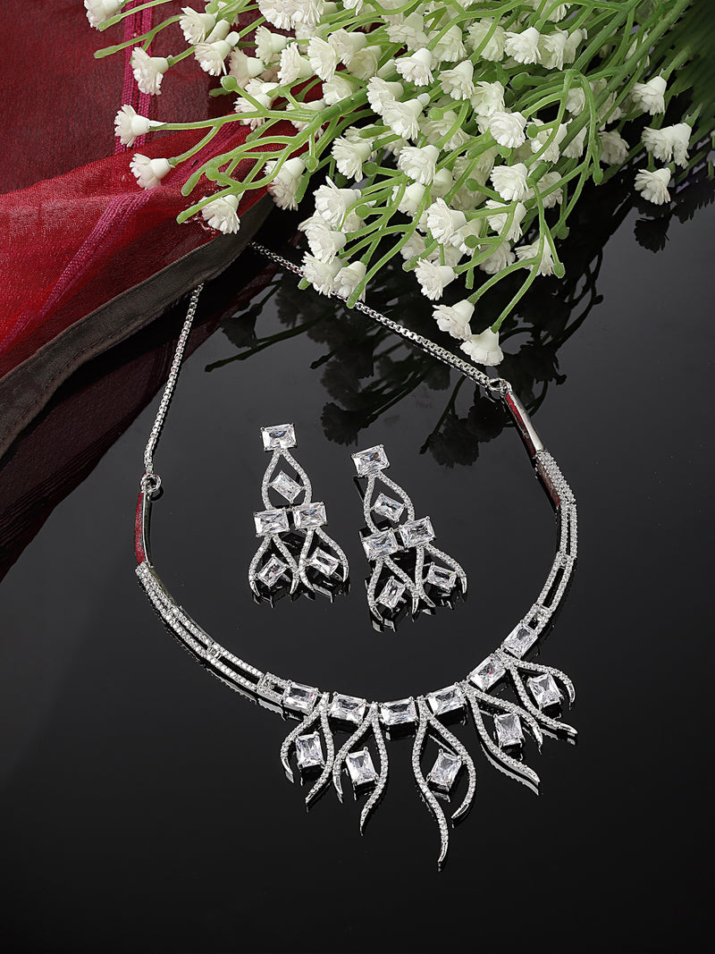 Rhodium-Plated White American Diamond Studded Contemporary Necklace with Earrings Jewellery Set