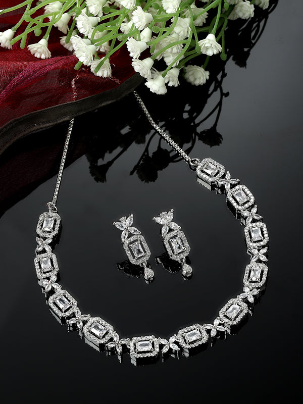 Rhodium-Plated White American Diamonds Studded Cubical Necklace & Earrings Jewellery Set