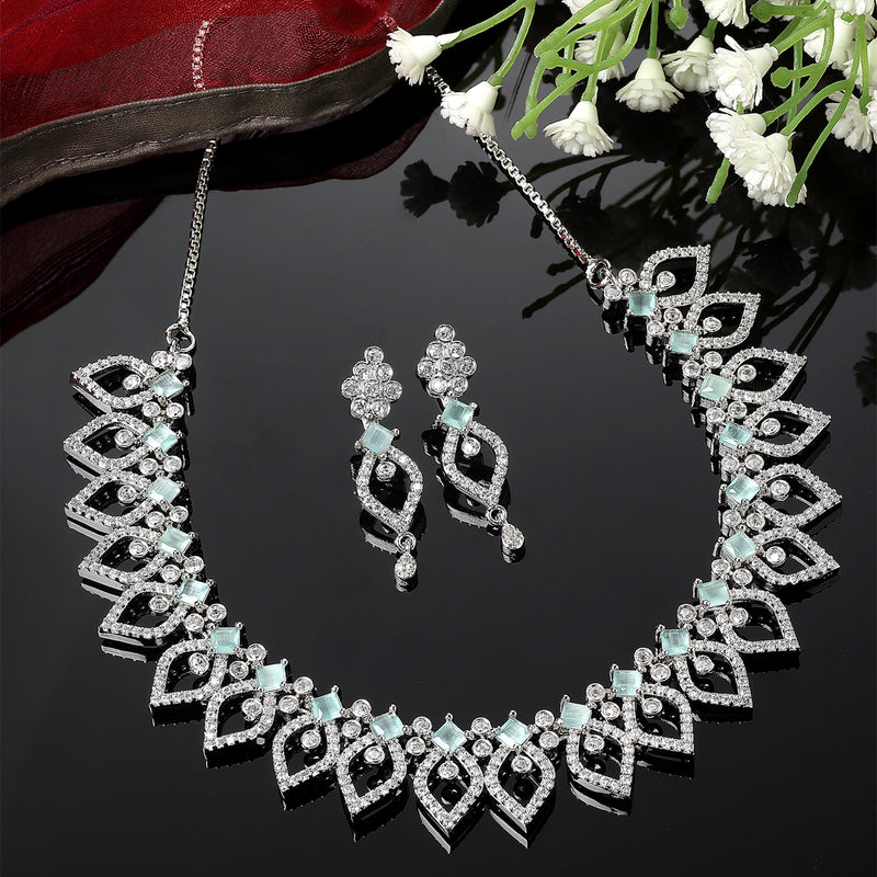 Rhodium-Plated Sea Green American Diamond Studded Floral & Leaf Shaped Necklace with Earrings Jewellery Set