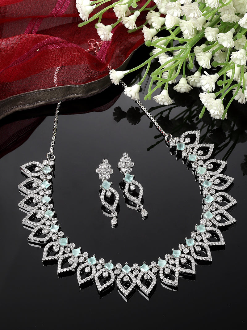 Rhodium-Plated Sea Green American Diamond Studded Floral & Leaf Shaped Necklace with Earrings Jewellery Set
