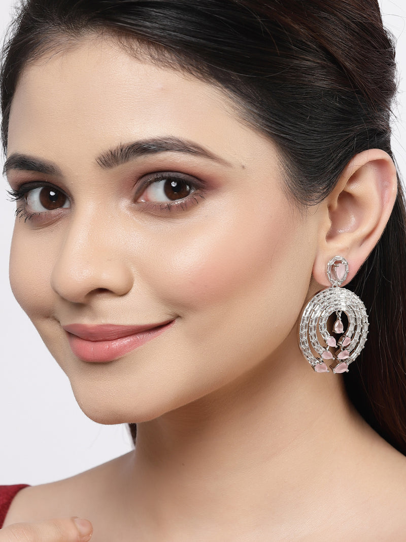 Rhodium-Plated with Silver-Tone Pink & White American Diamond Studded Circular Contemporary Drop Earrings