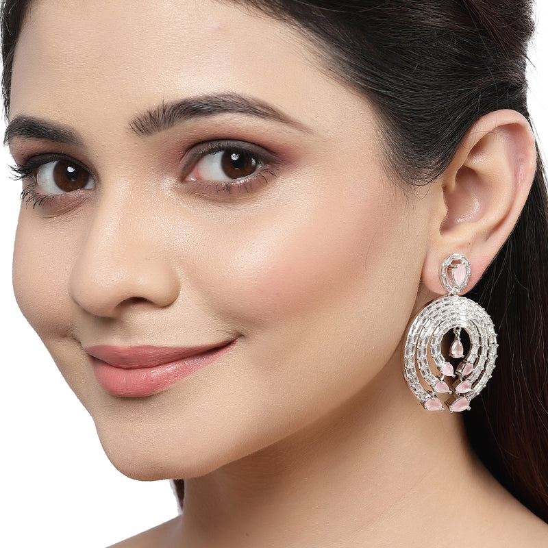 Rhodium-Plated with Silver-Tone Pink & White American Diamond Studded Circular Contemporary Drop Earrings