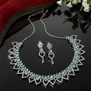 Rhodium-Plated Sky Blue American Diamond Studded Floral & Leaf Shaped Necklace with Earrings Jewellery Set