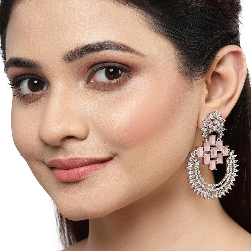 Rhodium-Plated American Diamond Studded Circular Chandbali Earrings