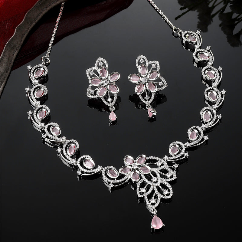 Rhodium-Plated Pink American Diamond Studded Floral & Paisley Shaped Necklace with Earrings Jewellery Set